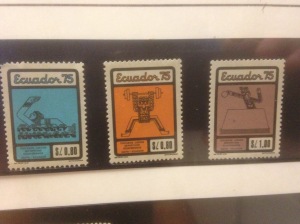 I also liked these stamps from Ecuador, 1975. The bold mono-colour background of each stamp made the image really stand out. The images show Ecuadorian sport people drawn in style that can be seen in codex's from South American's Pre-Colombian history. Some of them also reminded my of Nasca textile images 