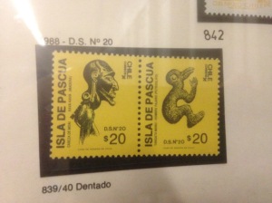 A stamp showing a KaviKavi, and a bird man - From Easter Island, where I will be going soon to draw these pieces myself.