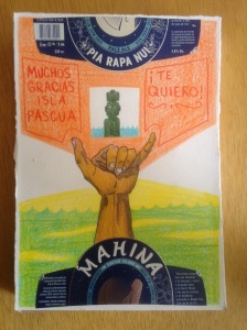 Collage based on the greeting of Rapa Nui, with a label from the local beer - Mahina