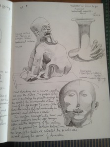 Drawings from La Tolita; a ferocious cat with a human head at its feet, and a strange foot shaped jar. At the bottom of the page is a ceramic head containing a shrunken head from Panzaleo culture (I could see the teeth of the real shrunken head inside the mouth of the ceramic head.