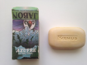 Azufre - Sulfur; the most abundant element in nature, found in the earths crust, which might be why mountains are featured on this soap box - The Satanic sun I'm not sure about. Bar stamped with 'Venus'