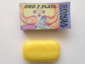 Oro Y Plata; Gold and Silver. A soap that helps you to obtain riches. Bar is stamped with the Jabon Venus logo, and 'Oro Y Plata'
