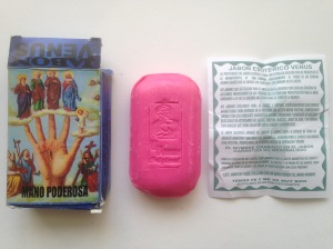 Mano Poderosa; Mighty Hand - A soap that draws power from the stigmata and five saints; one for each of Jesus' fingers. Bar stamped with Mano Poderosa